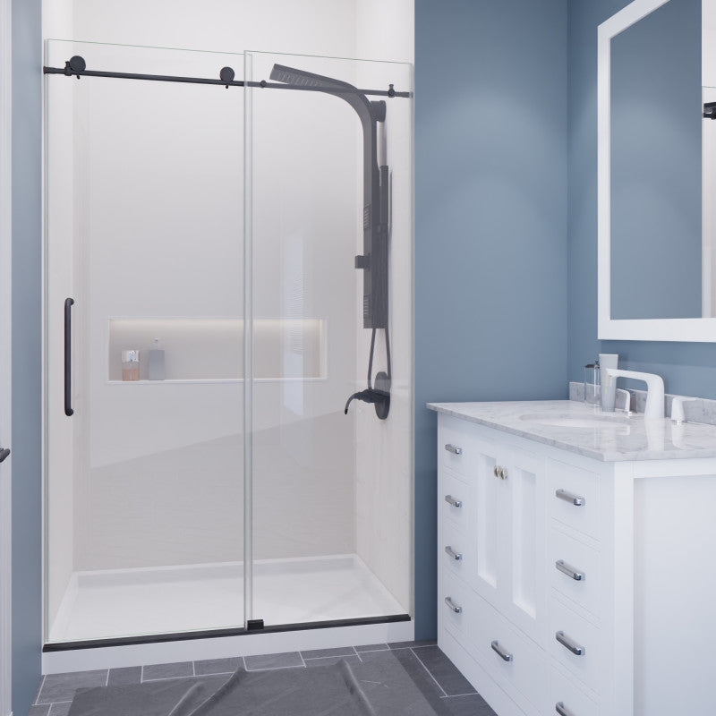 Leon Series 48 in. by 76 in. Frameless Sliding Shower Door in Gunmetal with Handle SD-AZ8077-01GB