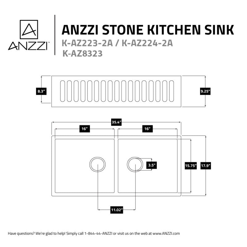 ANZZI Roine Farmhouse Reversible Glossy Solid Surface 35 in. Double Basin Kitchen Sink K-AZ224-2A