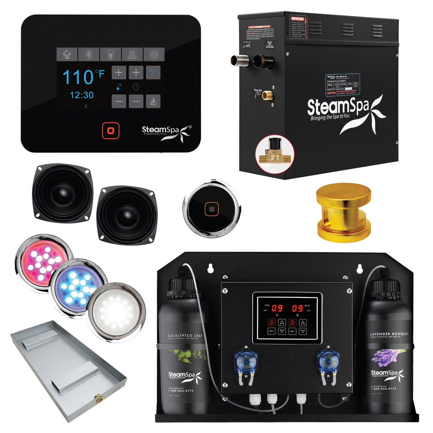 Black Series WiFi and Bluetooth 4.5kW QuickStart Steam Bath Generator Package with Dual Aroma Pump in Gold  BKT450GD-ADP