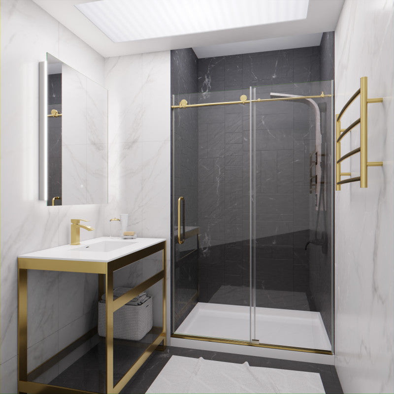 Leon Series 48 in. by 76 in. Frameless Sliding Shower Door in Brushed Gold with Handle SD-AZ8077-01BG