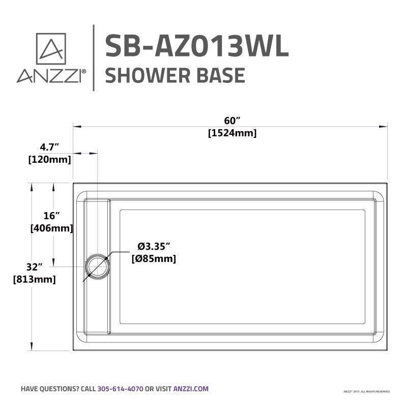 ANZZI Meadow Series 60 in. x 32 in. Shower Base in White SB-AZ013WL