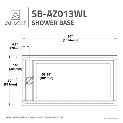 ANZZI Meadow Series 60 in. x 32 in. Shower Base in White SB-AZ013WL