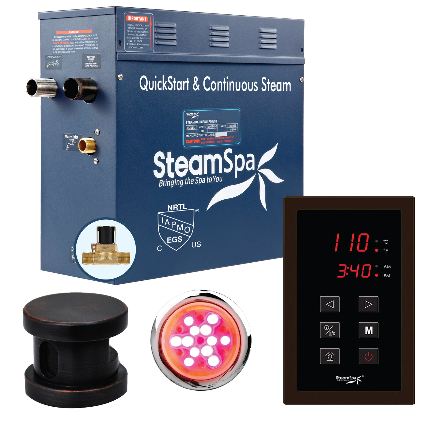 Steamspa Sentry Series 9KW QUICKSTART Steam Bath Generator Package in Oil Rubbed Bronze | Luxury Sauna Home Bath Steam Generator for Shower with Touch Screen, Steamhead, Built-in Auto Drain, and Chroma Light | SNT900ORB-A