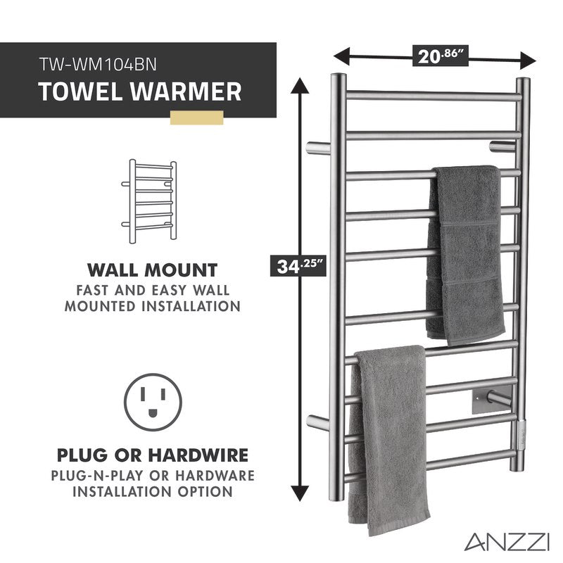 ANZZI Crete 10-Bar Stainless Steel Wall Mounted Towel Warmer Rack TW-WM104CH
