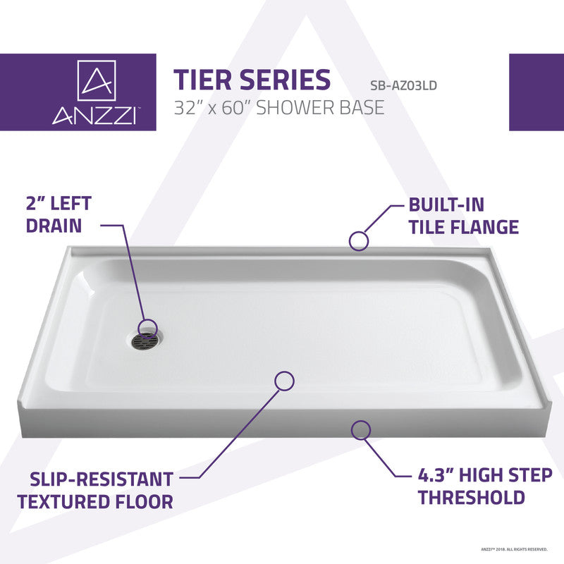 ANZZI Tier 32 x 60  in. Left Drain Single Threshold Shower Base in White SB-AZ03LD