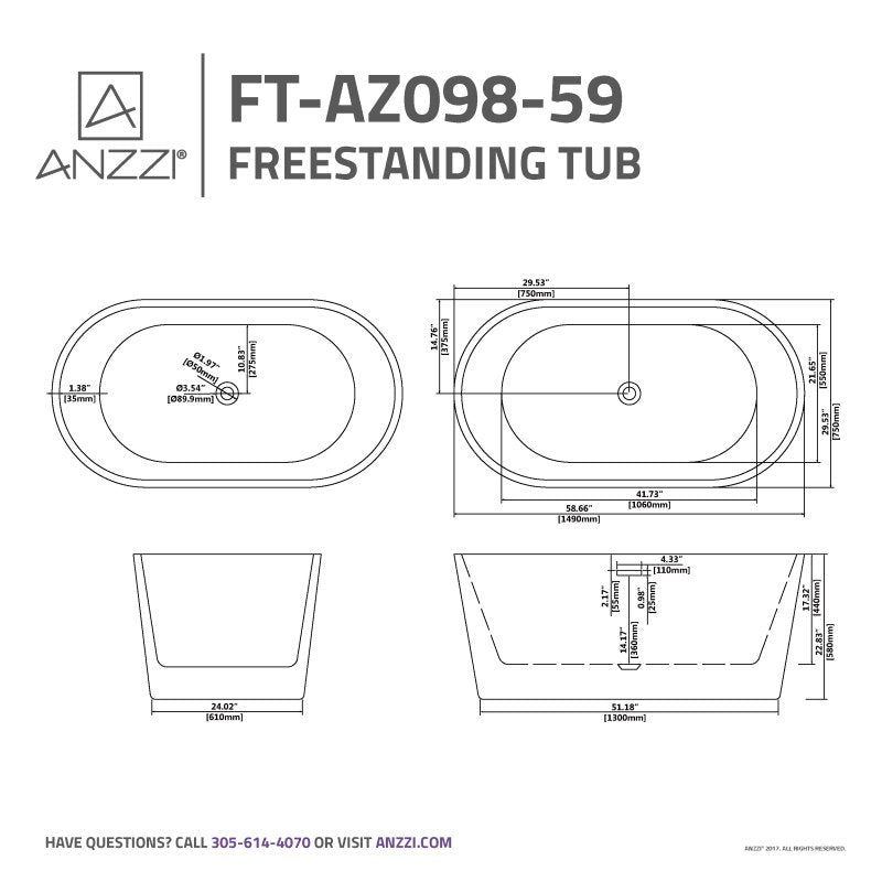 ANZZI Chand 59 in. Acrylic Flatbottom Freestanding Bathtub FT-AZ098-59