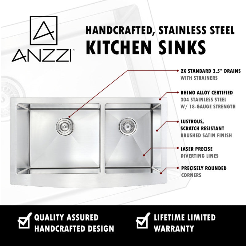 ANZZI Elysian Farmhouse Stainless Steel 36 in. 0-Hole 60/40 Double Bowl Kitchen Sink in Brushed Satin K-AZ3620-3A