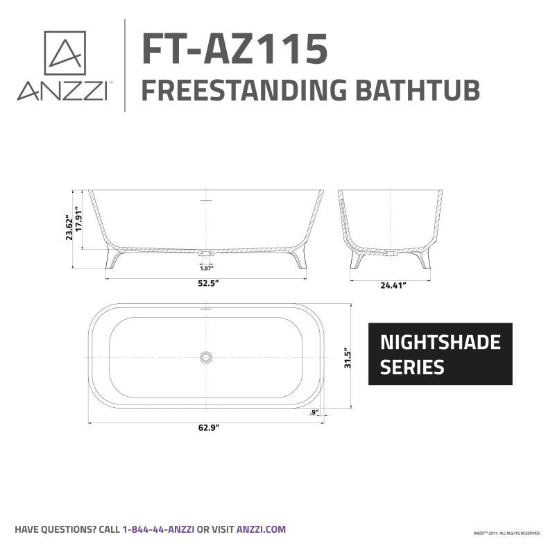 ANZZI Nightshade 63 in. Solid Surface Freestanding Bathtub FT-AZ115