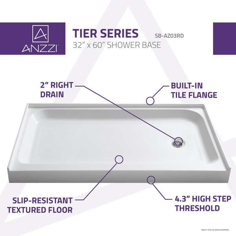 ANZZI Tier 32 x 60  in. Right Drain Single Threshold Shower Base in White SB-AZ03RD