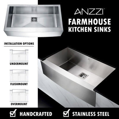 ANZZI Elysian Farmhouse Stainless Steel 32 in. 0-Hole Single Bowl Kitchen Sink in Brushed Satin K-AZ3320-1AS