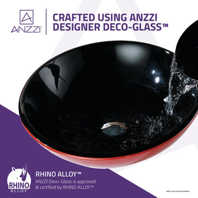 ANZZI Chord Series Deco-Glass Vessel Sink in Lustrous Black and Red with Matching Chrome Waterfall Faucet LS-AZ041
