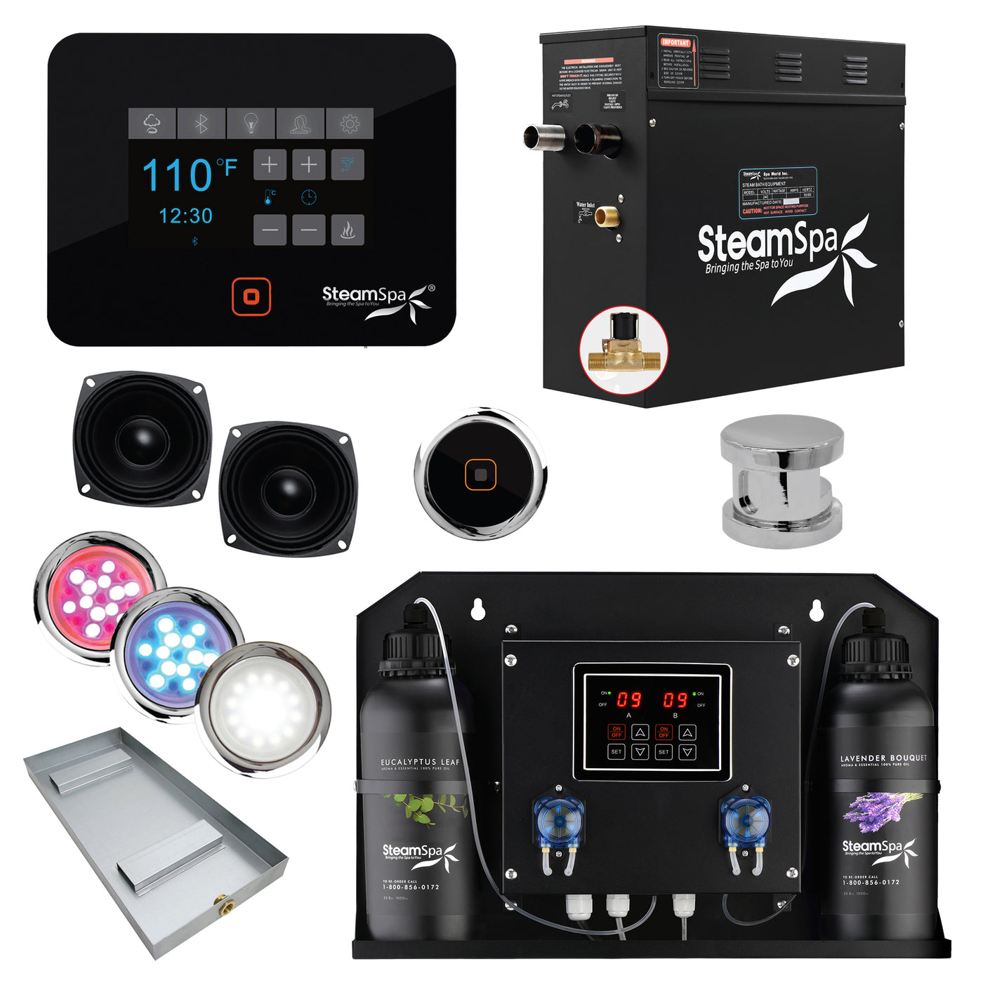 Black Series WiFi and Bluetooth 4.5kW QuickStart Steam Bath Generator Package with Dual Aroma Pump in Polished Chrome BKT450CH-ADP