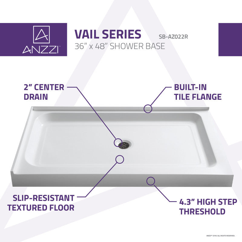 ANZZI Vail 36 x 48  in. Double Threshold Shower Base in White SB-AZ022R