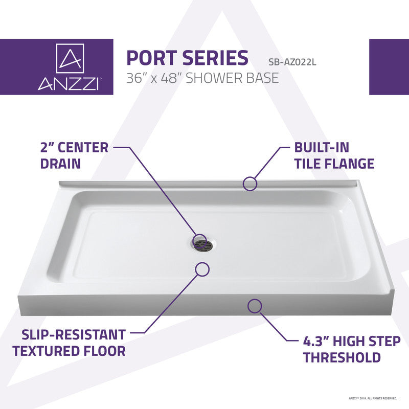 ANZZI Port 36 x 48  in. Double Threshold Shower Base in White SB-AZ022L
