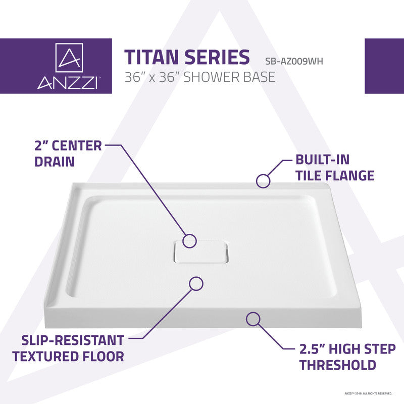 ANZZI Titan Series 36 in. x 36 in. Double Threshold Shower Base in White SB-AZ009WH