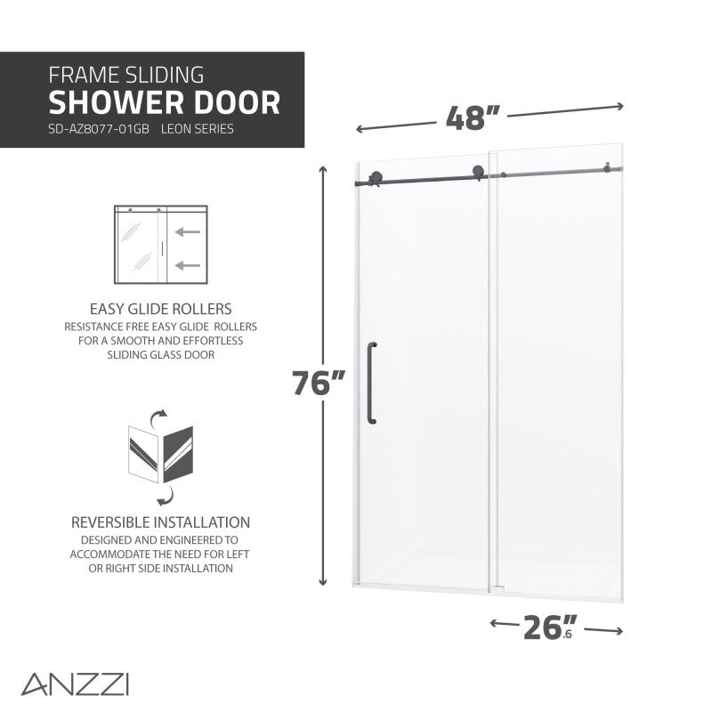 Leon Series 48 in. by 76 in. Frameless Sliding Shower Door in Gunmetal with Handle SD-AZ8077-01GB