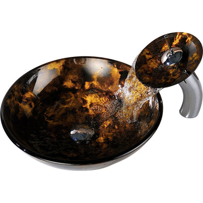 LS-AZ049 - ANZZI Timbre Series Deco-Glass Vessel Sink in Kindled Amber with Matching Chrome Waterfall Faucet