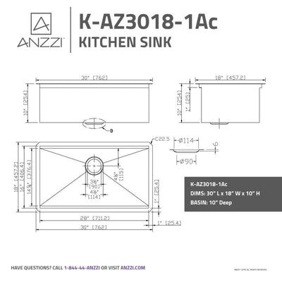 ANZZI Aegis Undermount Stainless Steel 30 in. 0-Hole Single Bowl Kitchen Sink with Cutting Board and Colander K-AZ3018-1Ac