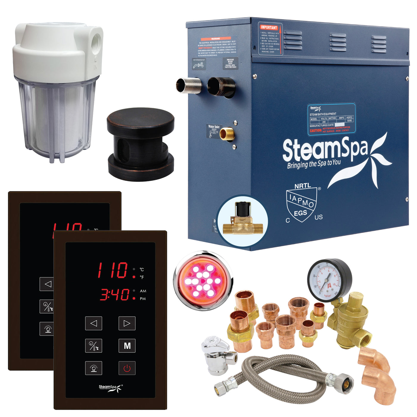 SteamSpa Executive 4.5 KW QuickStart Acu-Steam Bath Generator Package with Built-in Auto Drain and Install Kit in Oil Rubbed Bronze | Steam Generator Kit with Dual Control Panel Steamhead 240V | EXT450OB-A