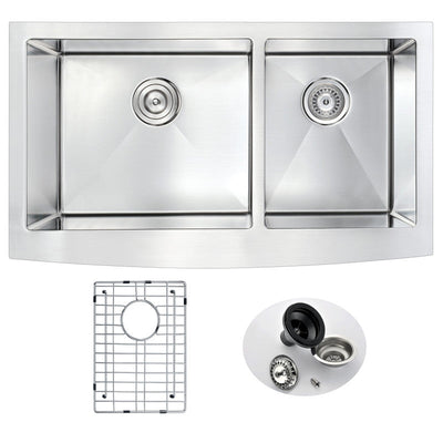 K-AZ3620-3A - Elysian Farmhouse Stainless Steel 36 in. 0-Hole 60/40 Double Bowl Kitchen Sink in Brushed Satin