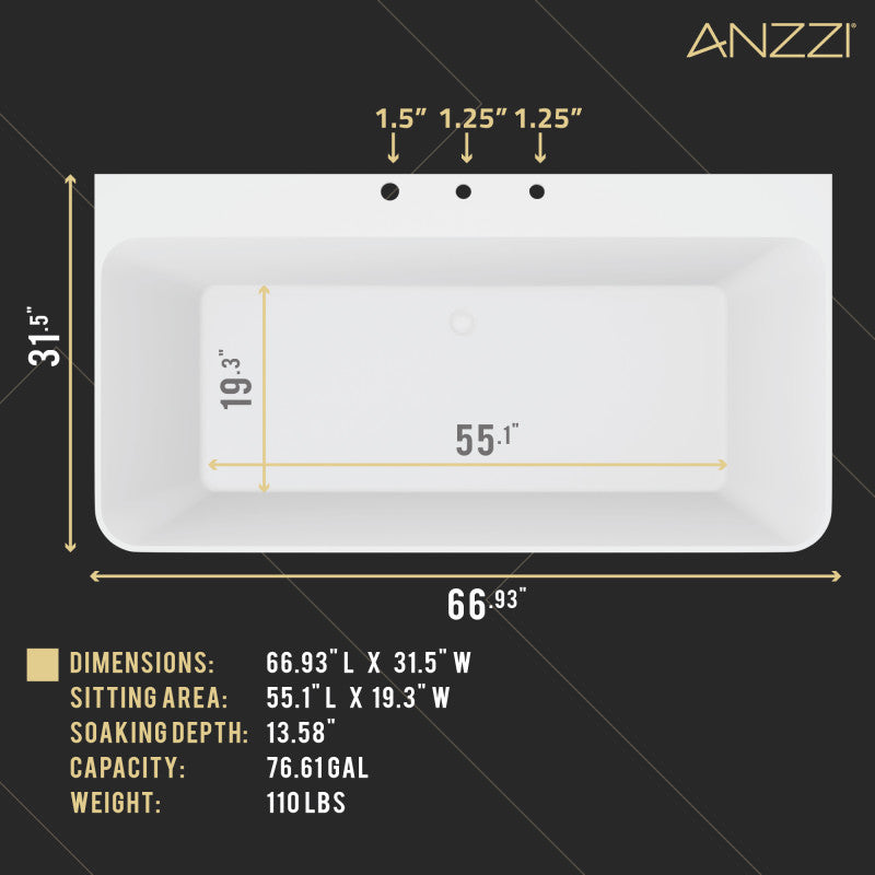 ANZZI VAULT 67 in. Acrylic Flatbottom Freestanding Bathtub with Pre-Drilled Deck Mount FT-AZ114-67