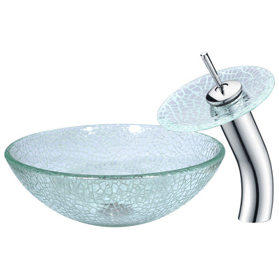 LS-AZ063 - ANZZI Choir Series Deco-Glass Vessel Sink in Crystal Clear Mosaic with Matching Chrome Waterfall Faucet