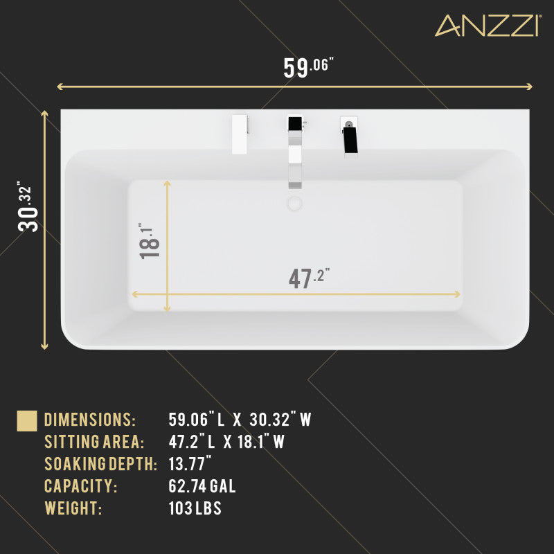 ANZZI VAULT 59 in. Acrylic Flatbottom Freestanding Bathtub with Deck Mount Faucet & Hand Sprayer FT-AZ114-5973CH