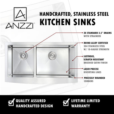 ANZZI ELYSIAN Series 36 in. Farm House 40/60 Dual Basin Handmade Stainless Steel Kitchen Sink K-AZ3620-3B