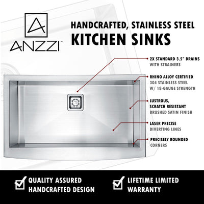 ANZZI Elysian Farmhouse Stainless Steel 36 in. Single Bowl Kitchen Sink in Brushed Satin K-AZ3620-1AS