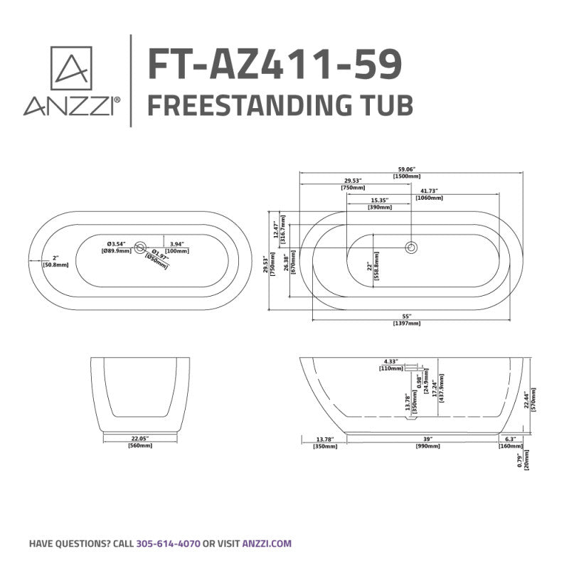 ANZZI Britt 59 in. Acrylic Flatbottom Freestanding Bathtub FT-AZ411-59