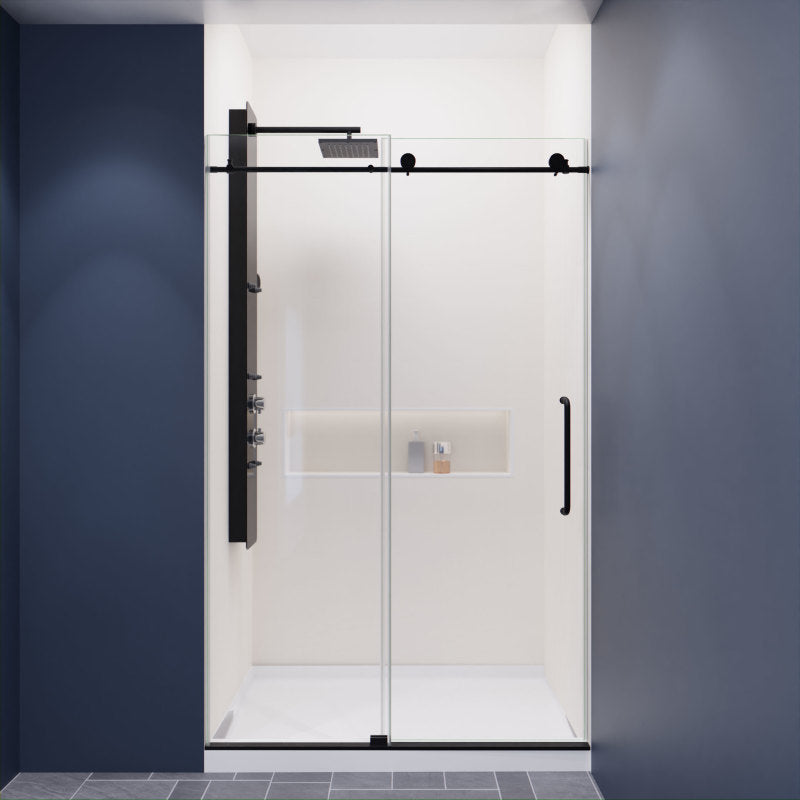 Leon Series 48 in. by 76 in. Frameless Sliding Shower Door in Matte Black with Handle SD-AZ8077-01MB