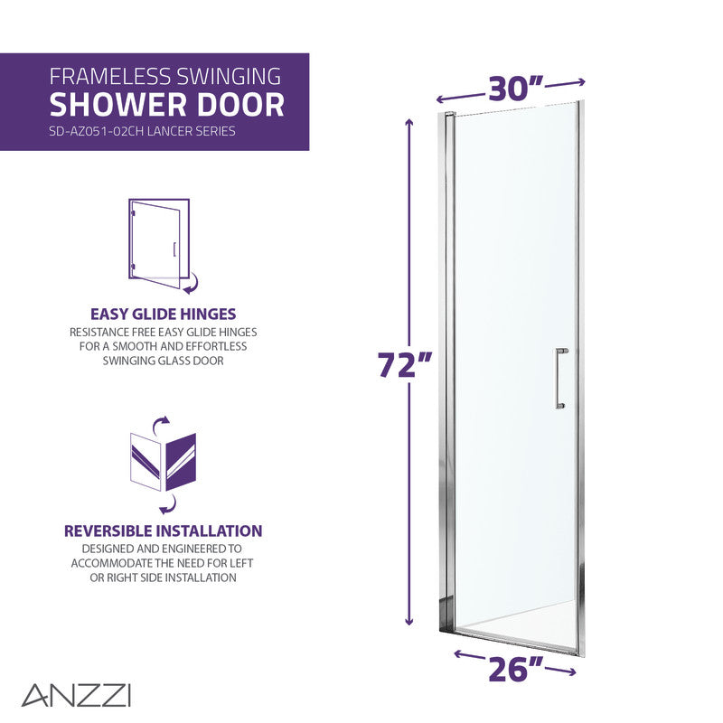 ANZZI Lancer 29 in. x 72 in. Semi-Frameless Shower Door with TSUNAMI GUARD SD-AZ051-02CH