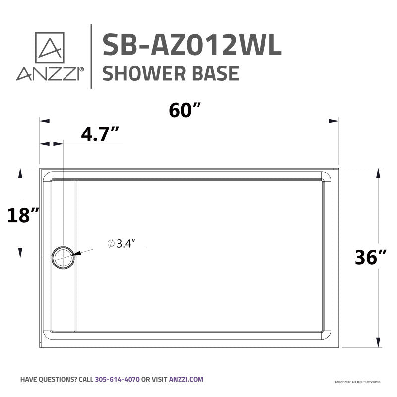 ANZZI Field Series 36 in. x 60 in. Double Threshold Shower Base in White SB-AZ012WL