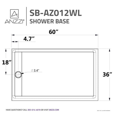 ANZZI Field Series 36 in. x 60 in. Double Threshold Shower Base in White SB-AZ012WL