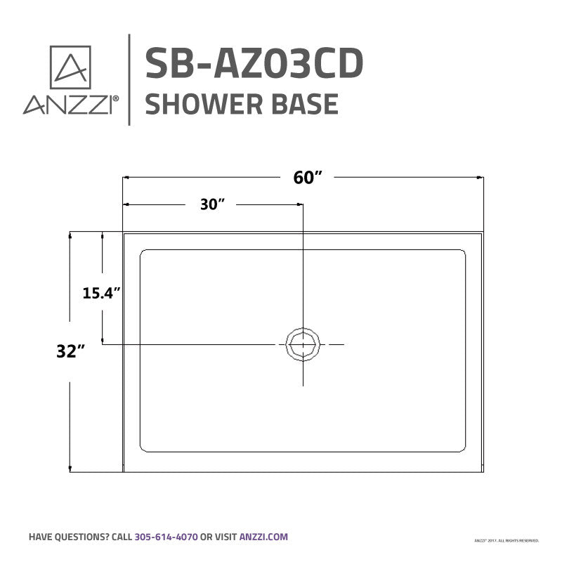 ANZZI Tier 32 x 60  in. Center Drain Single Threshold Shower Base in White SB-AZ03CD
