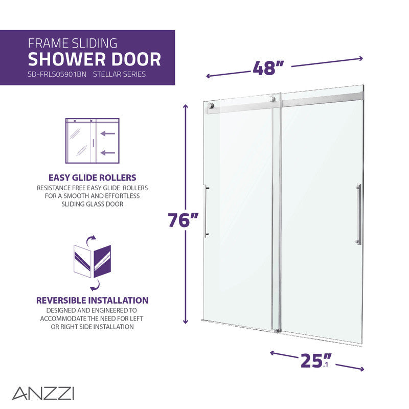 ANZZI Stellar Series 48 in. x 76 in. Frameless Sliding Shower Door with Handle SD-FRLS05901MB