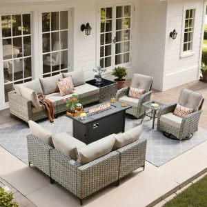 Daltry 11 Piece Outdoor Wicker Conversation Sets With Fire Pit Table