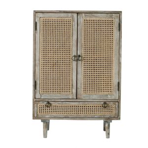 38 Inch 2 Door Cabinet, 1 Drawer, Acacia Wood, Cane Front, Weathered