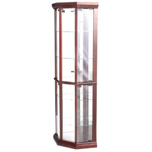 71 Inch China Curio Corner Cabinet, 4 Door 5 Shelves, Wood, Cherry