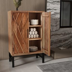 30 Inch Storage Cabinet, Handcrafted Rustic Brown Acacia Wood, Black