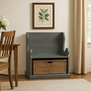 Eulie Hall Foyer Bench Seat w Rattan Basket, Rustic Blue Mahogany
