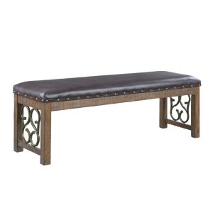 Ral 56 Inch Solid Wood Padded Bench, Metal Scroll Design, Nailhead
