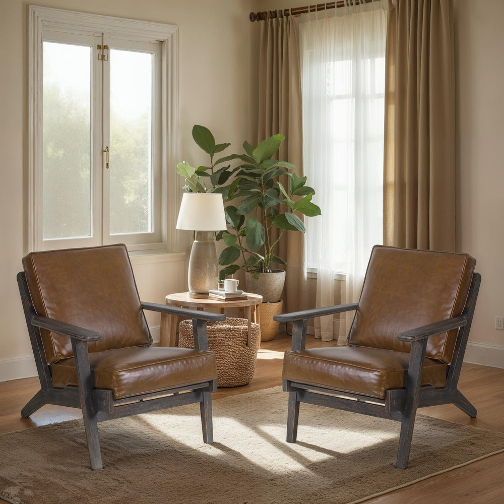 Amber Accent Chair, Handcrafted Slatted Mango Wood, Brown Buffalo