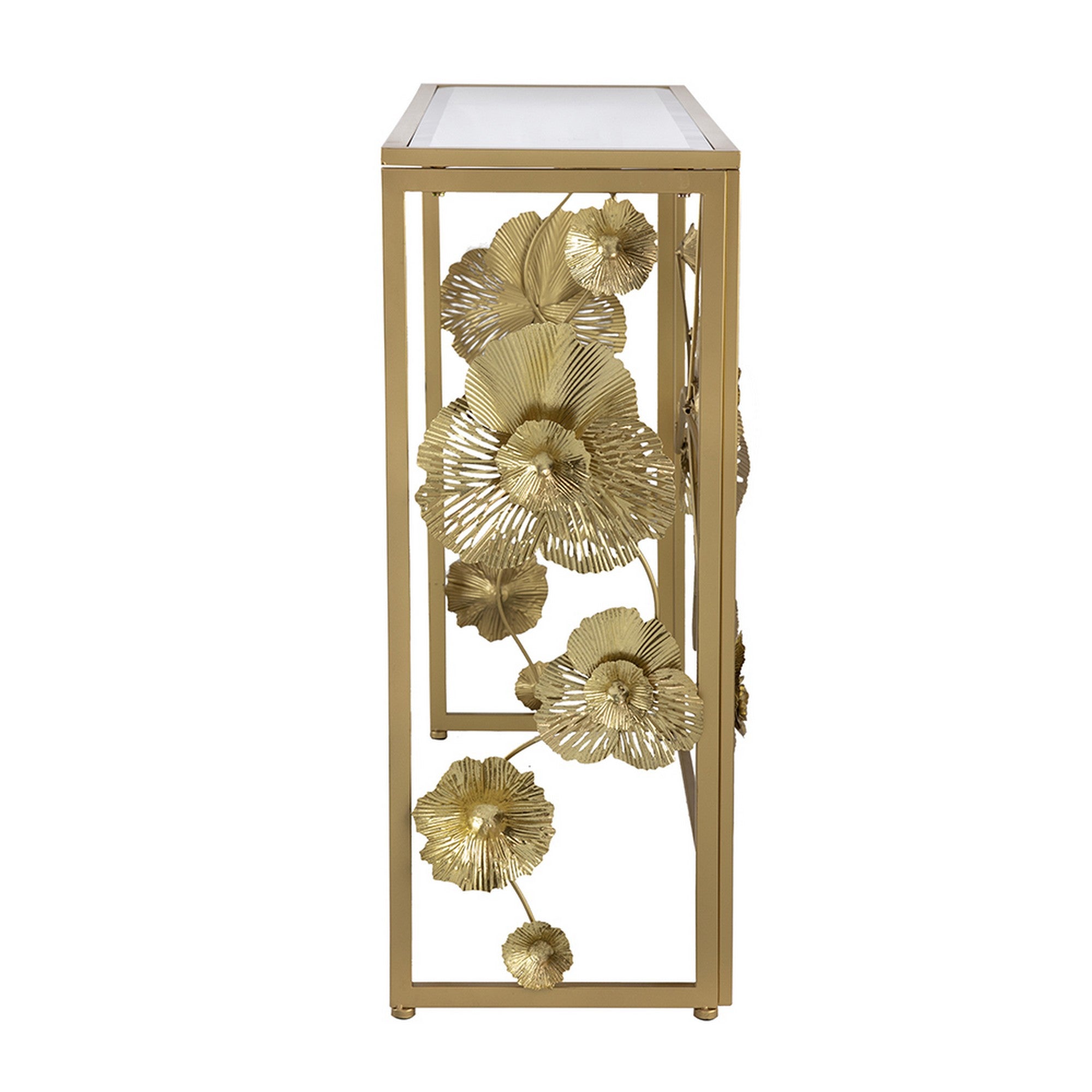 39 Inch Mirrored Top Console Table, Elegant Floral Design, Iron - Image 3