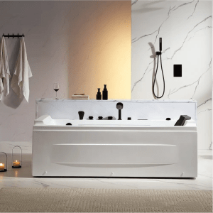 71" Alcove LED Whirlpool Bathtub with Black Fixtures and Center Drain