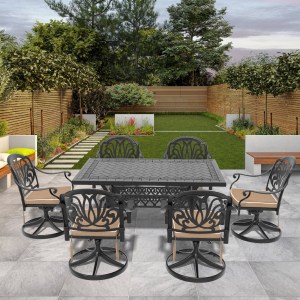 7-Piece All-Weather Cast Aluminum Dining Set, Include 6 Swivel Chairs and Rectangular Table With Black Frame(same sku:W1