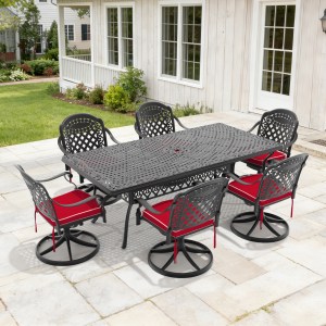 7-Piece All-Weather Cast Aluminum Dining Set, Include 6 Swivel Chairs and Rectangular Table With Black Frame