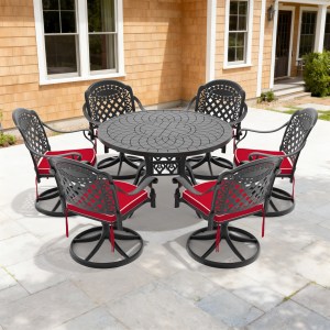 7-Piece All-Weather Cast Aluminum Dining Set, Include 6 Swivel Chairs and 47.24" Round Table With Black Frame