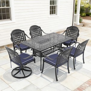 7-Piece All-Weather Cast Aluminum Dining Set, Include 2 Swivel Chairs,4 Dining Chairs and Rectangular Table With Black F