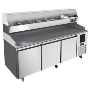 U-Line 3 Door Refrigerated Pizza Prep-Table + Condiment Rail